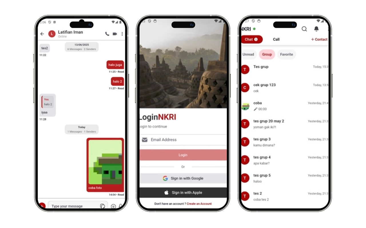 Tampilan fitur chat, autentikasi, dan daftar percakapan aplikasi NKRI