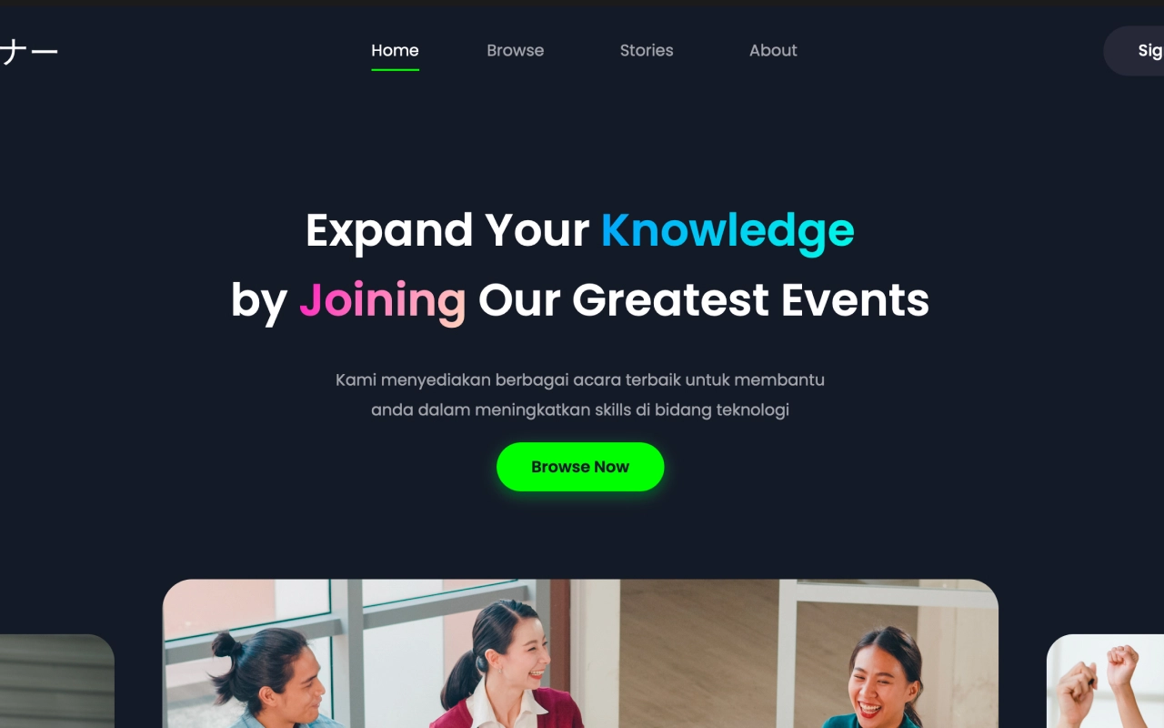 Tampilan halaman utama platform event Semina